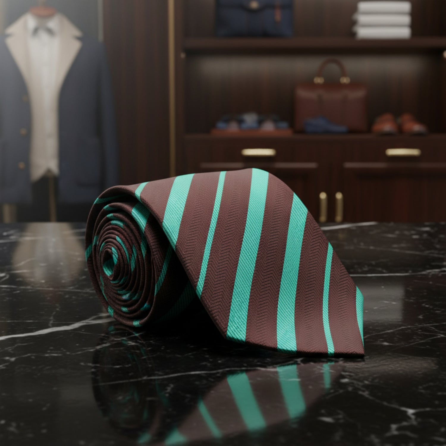 Brown, Mint Green Stripe Tie 