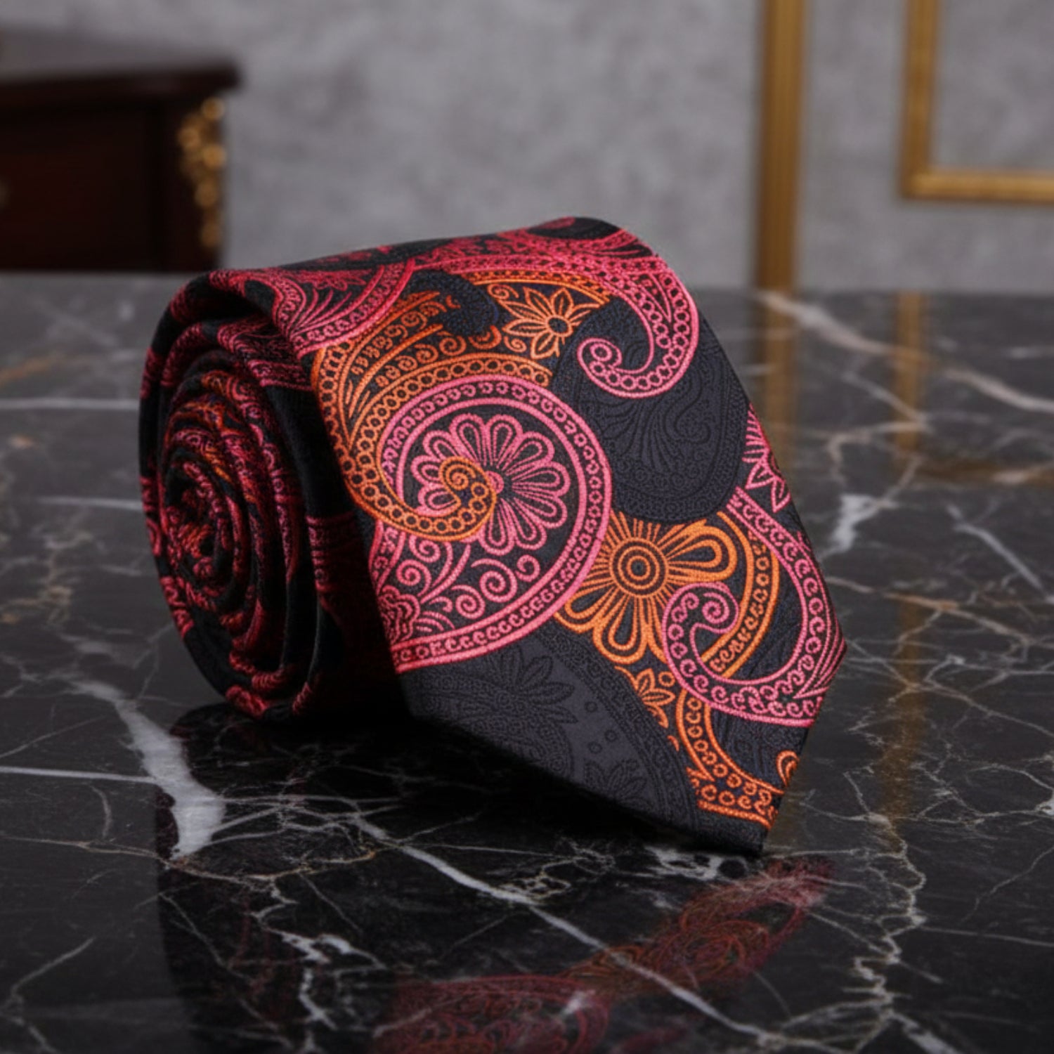 Black, Pink and Orange Paisley Tie