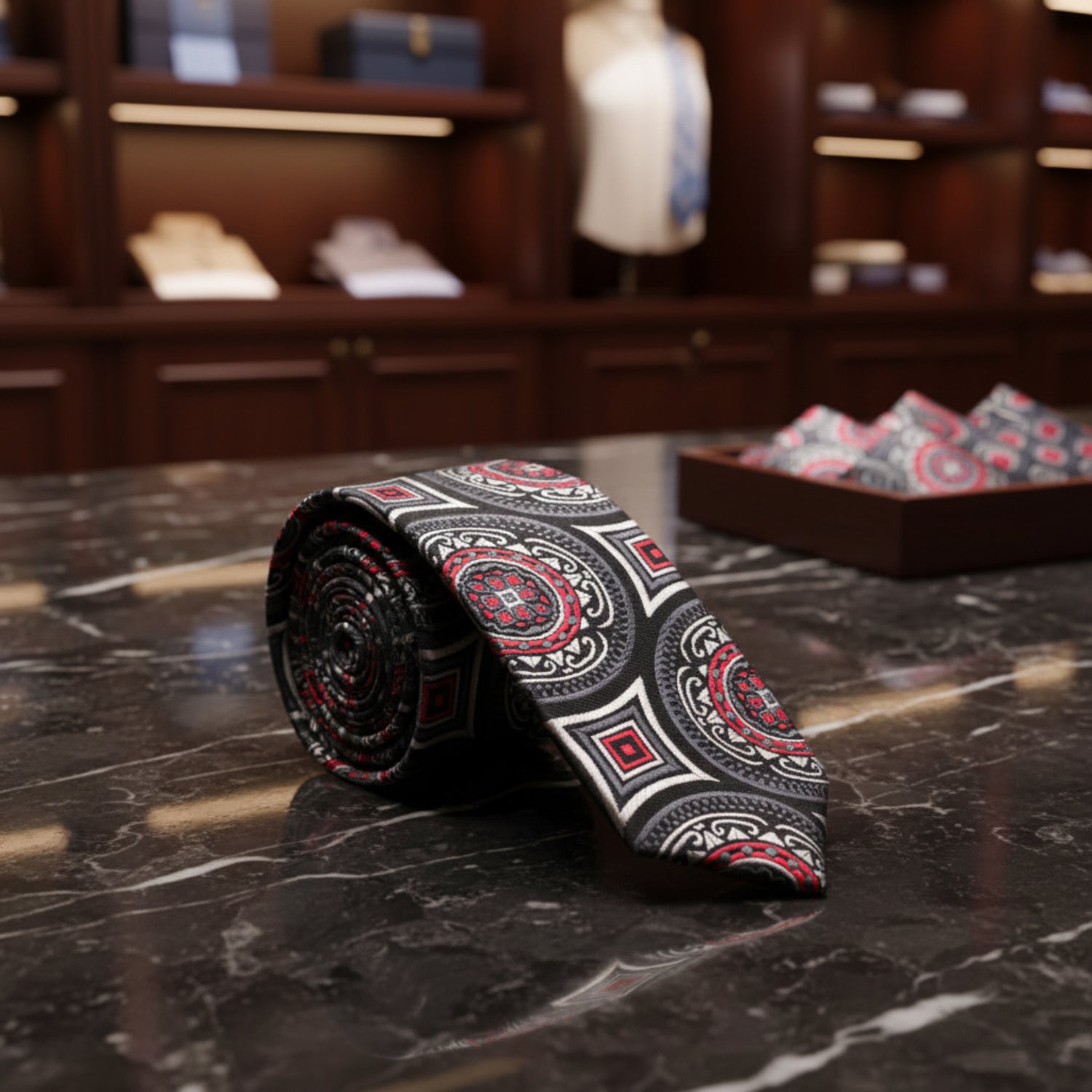 View 3: A Black, Red, Grey Abstract Circular Pattern  Necktie.