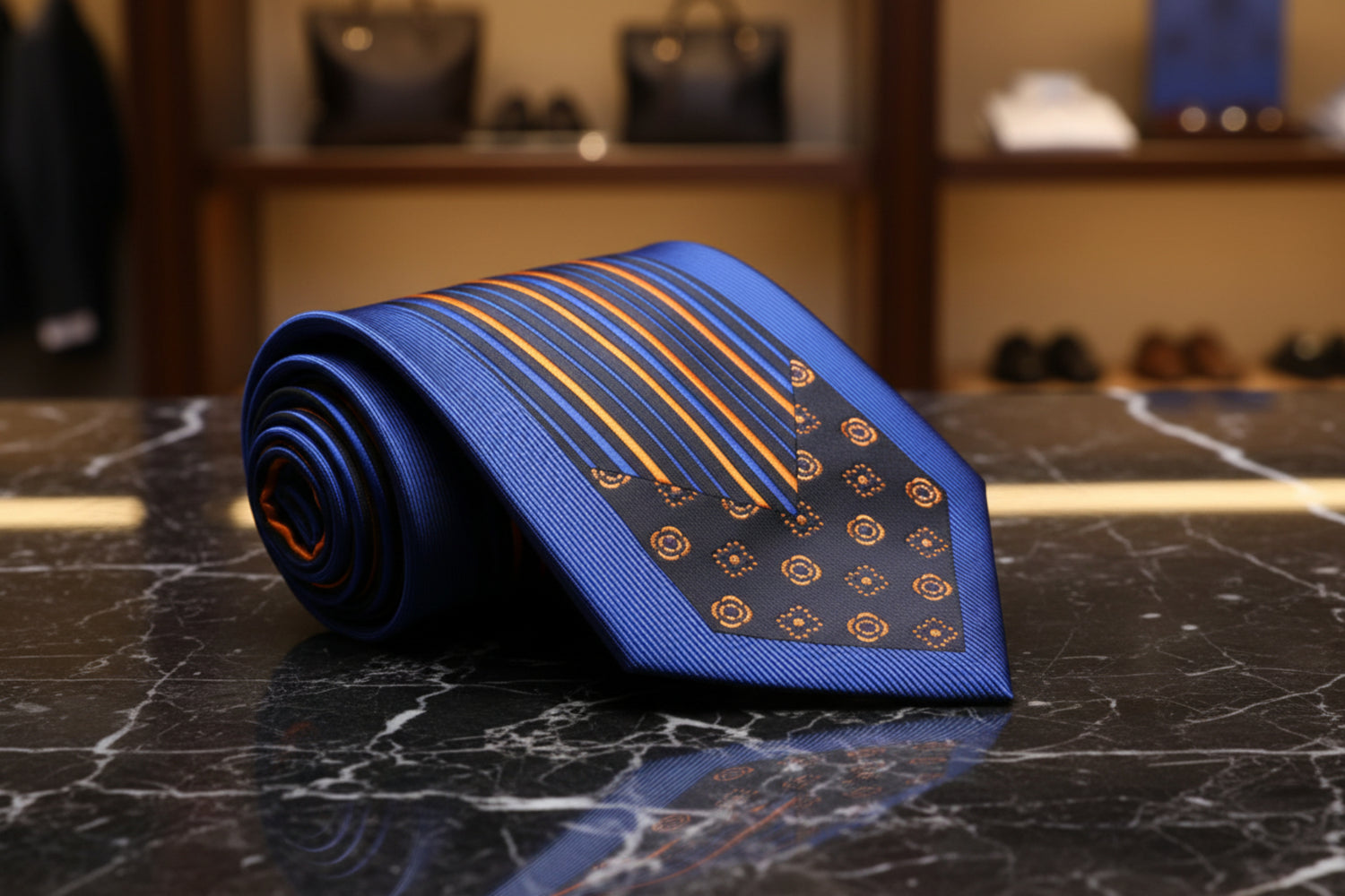 ||Gold, Blue Necktie Lined Paisley