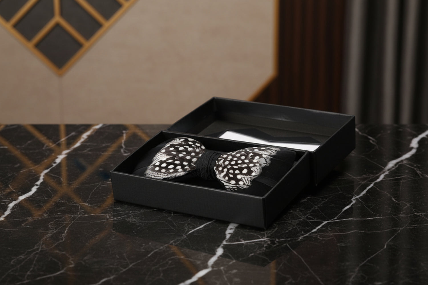 Black, White Feather Bow Tie In Box