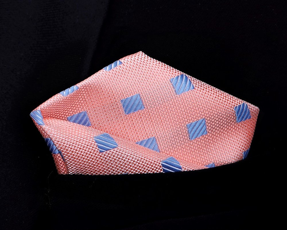 View 2: A Peach, Blue Geometric Squares Pattern Silk Pocket Square