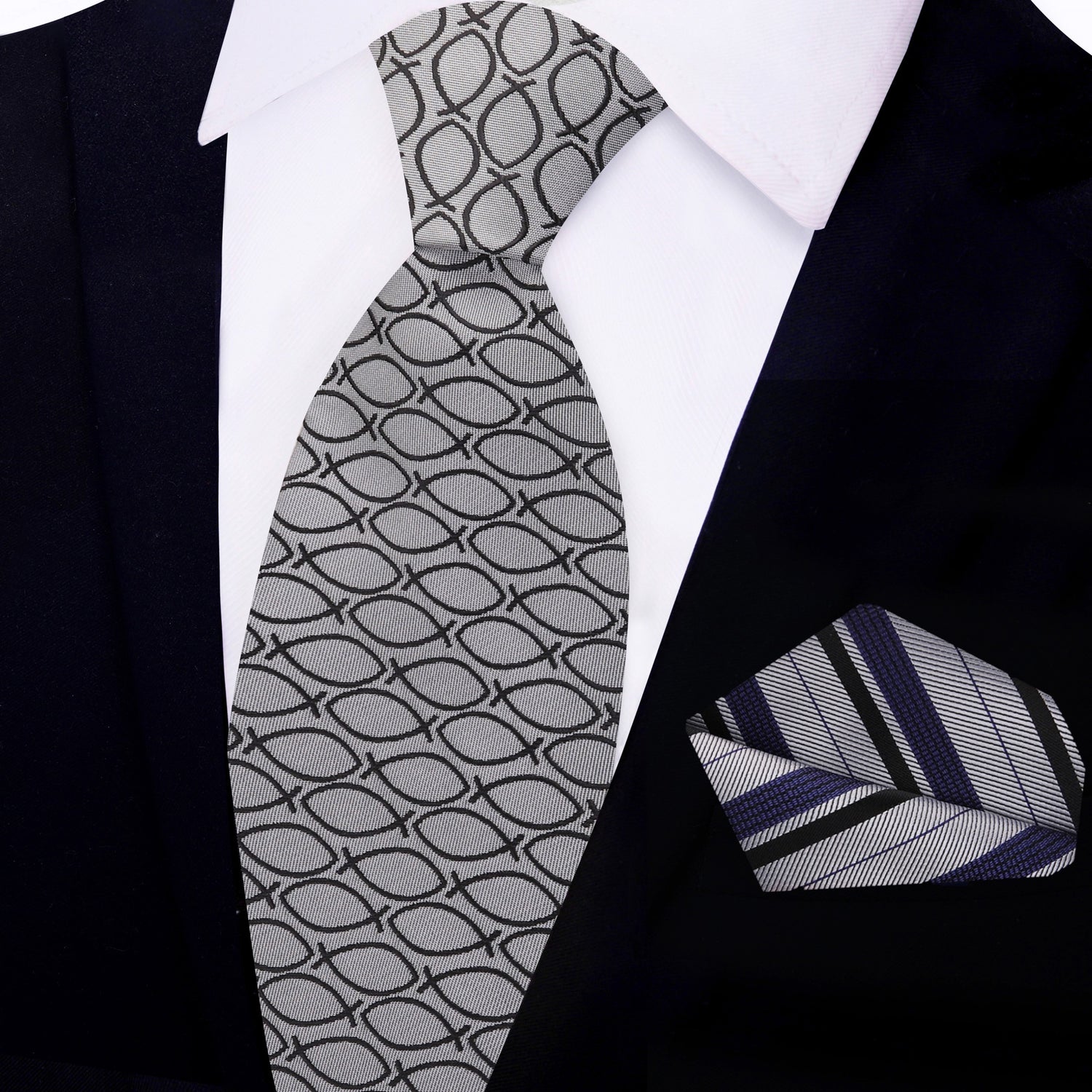 View 2: Grey, Black Christian Fish Necktie and Grey Stripe Square