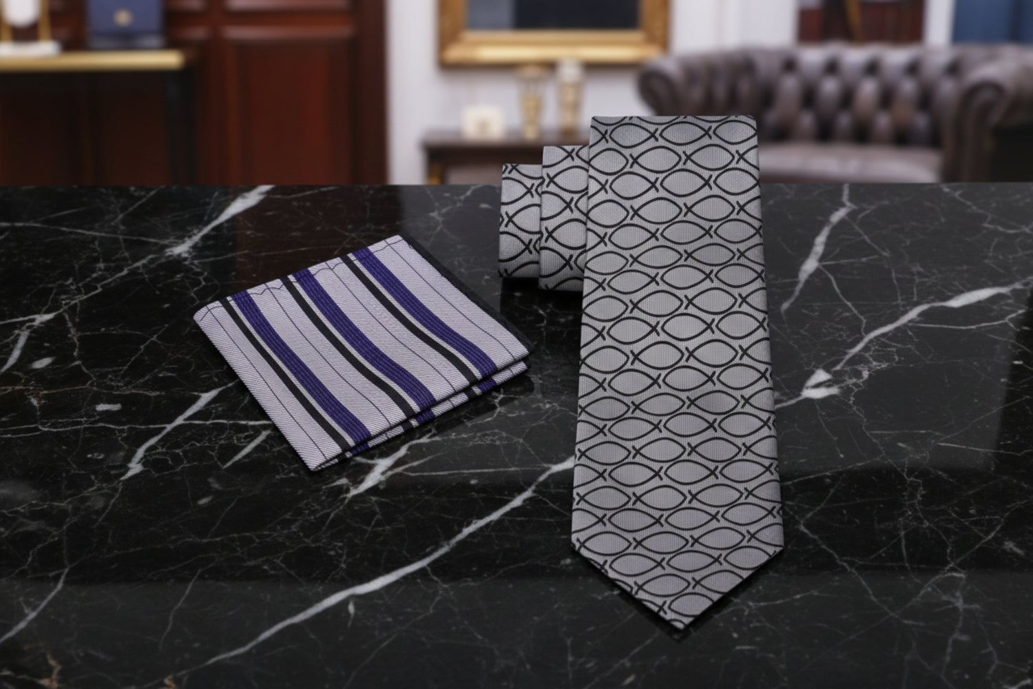 Alt View; Grey, Black Christian Fish Necktie and Grey Stripe Square