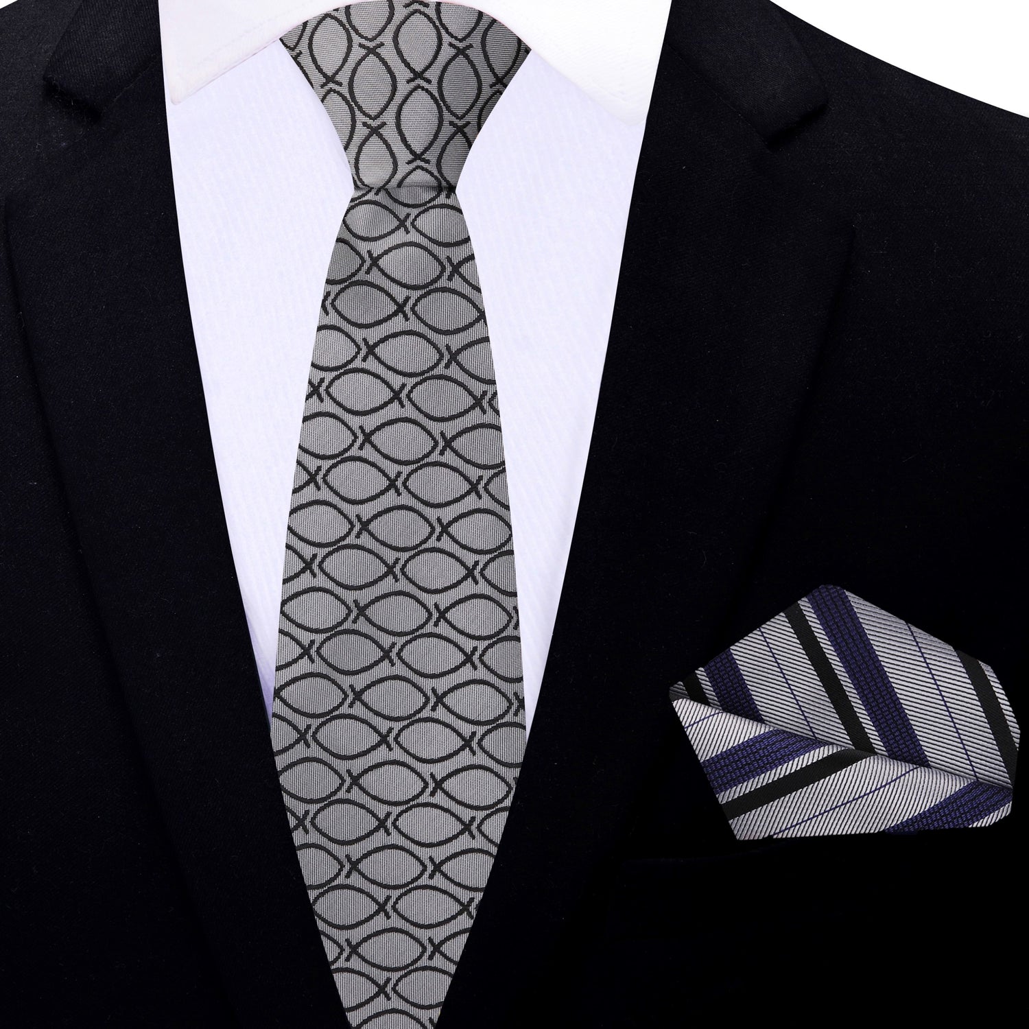 Thin Tie: Grey, Black Christian Fish Necktie and Grey Stripe Square