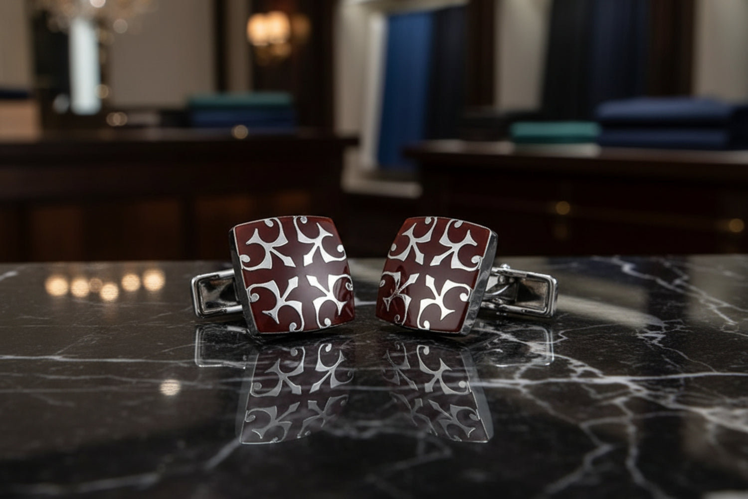 A Square with Mahogany and Chrome Intricate Snowflake shape Cuff-links