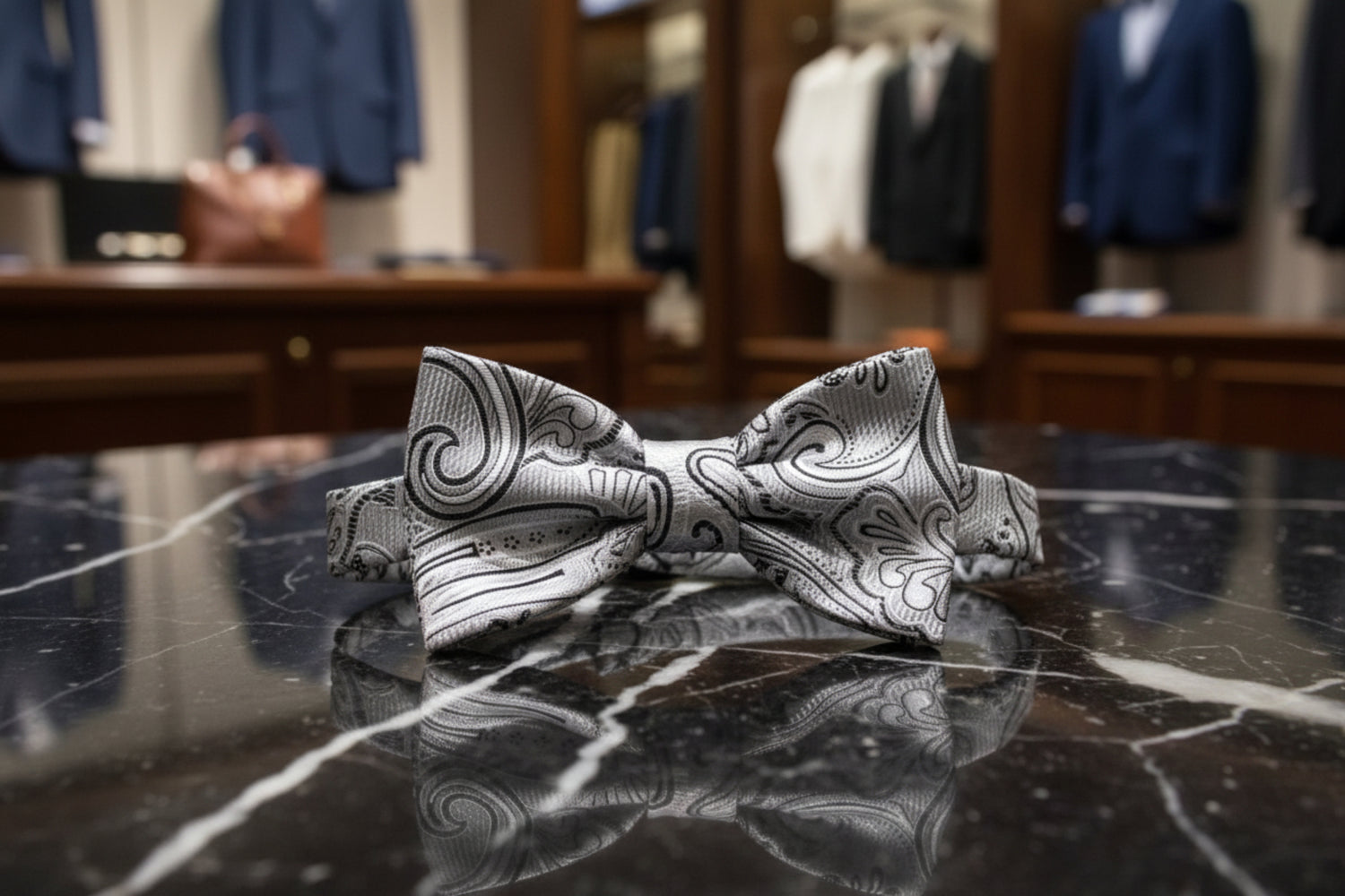 Light Grey, Black Paisley Bow Tie 