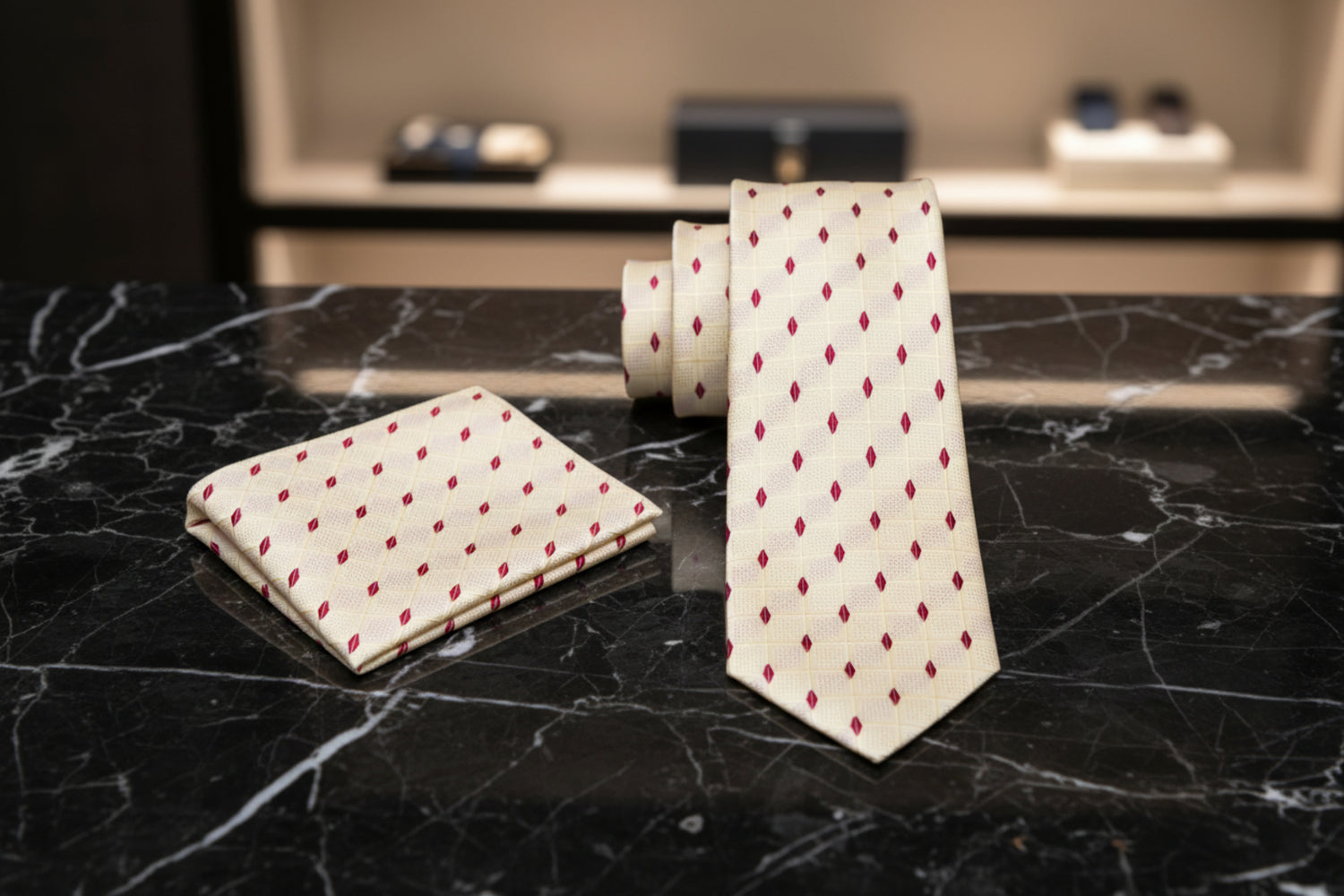 Alt View: Ivory and Crimson Geometric Tie and Pocket Square