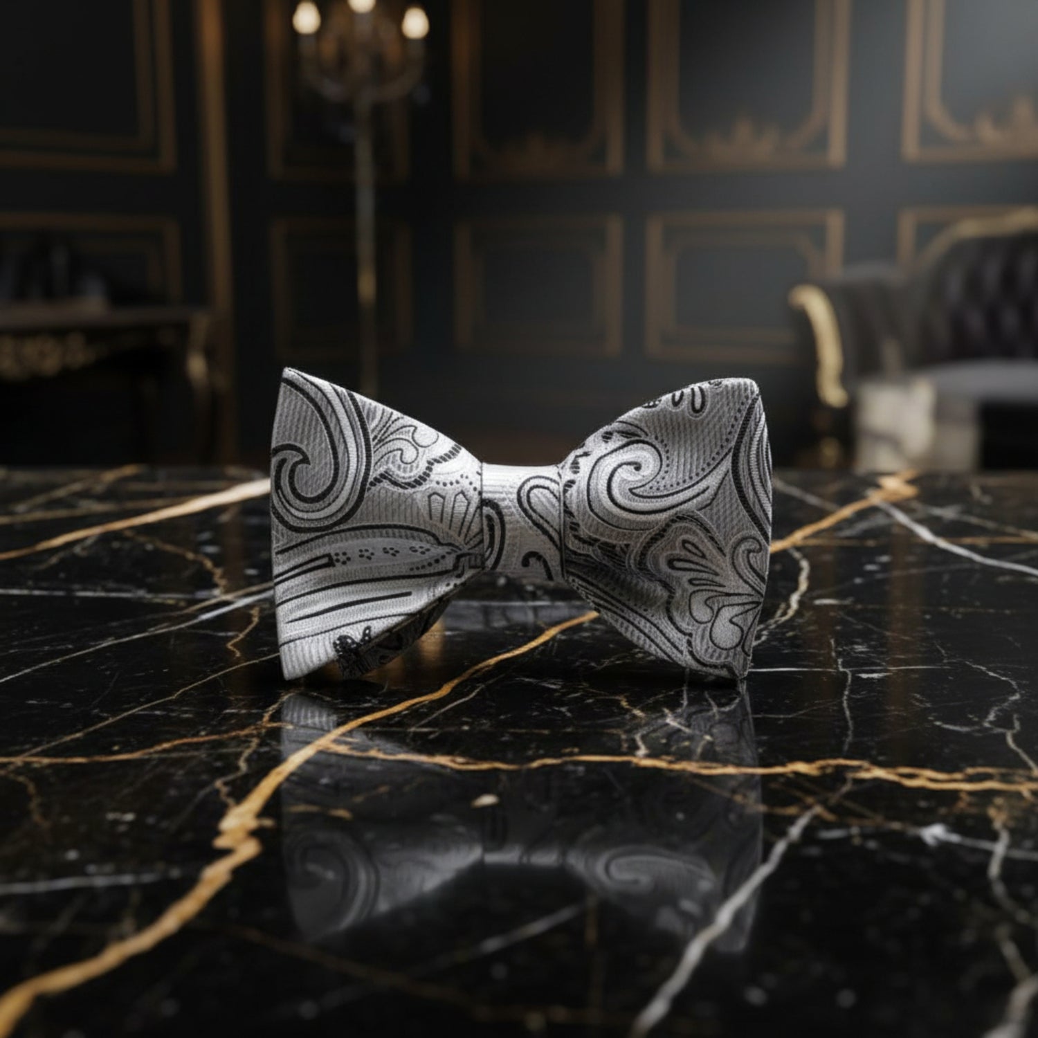 A Light Grey, Black Paisley Pattern Silk Pre Tied Bow Tie 