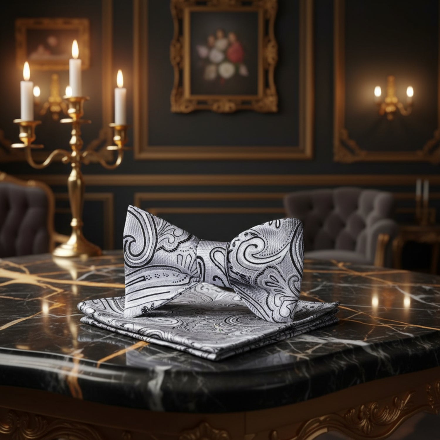 A Light Grey, Black Paisley Pattern Pre Tied Bow Tie, Matching Pocket Square