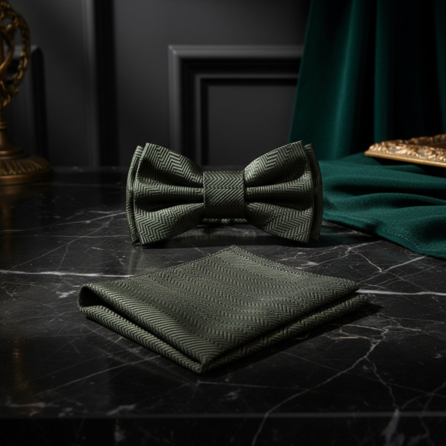 A Solid Juniper Green Pattern Self Tie Bow Tie, Matching Pocket Square