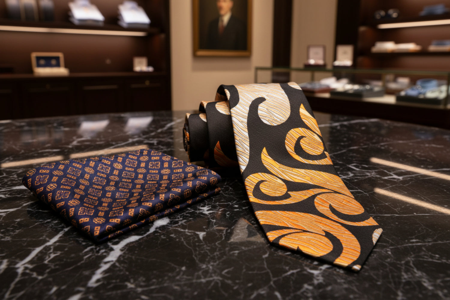 Alt View: A Tan, Dark Brown, Gold Abstract Swirl Pattern Necktie, Accenting Pocket Square