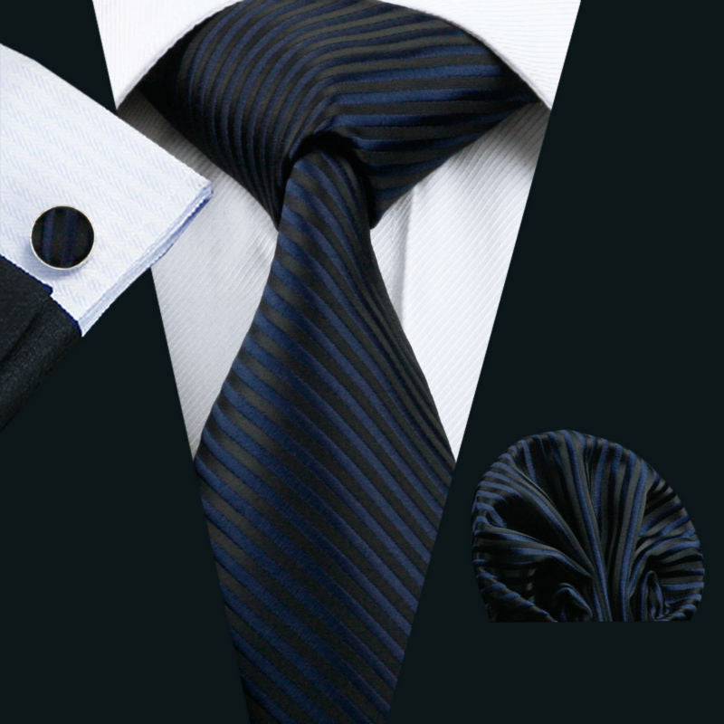 A Dark Blue, Black Pinstripe Pattern Silk Necktie, Matching Pocket Square, And Cuff-links.||Black, Dark Blue