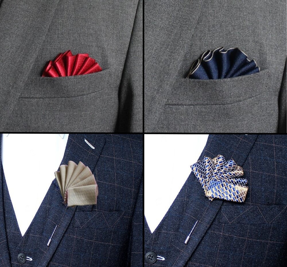 An Image Showing various examples of the pocket square pocket square lapel pin 