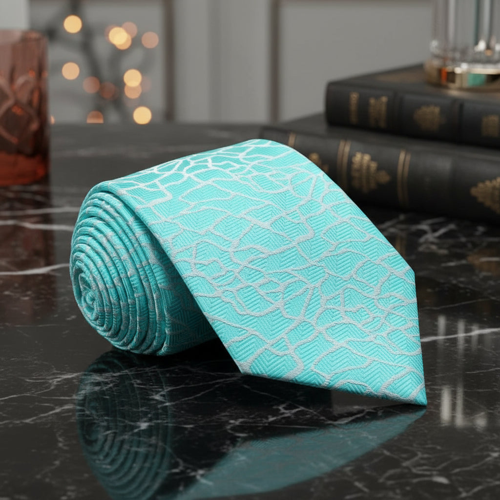 A Light Blue, Ice Silver Abstract Cement Pattern Necktie 