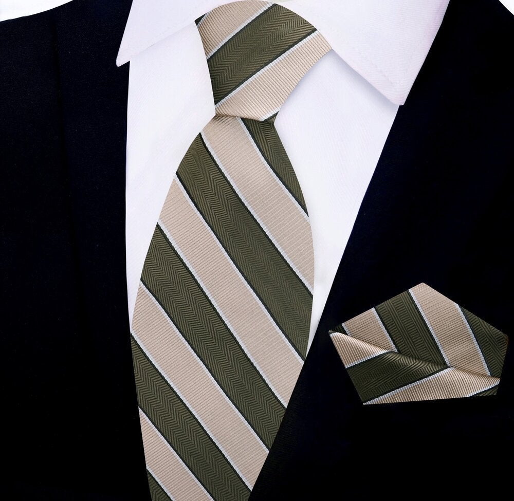 Sage Green, Light Brown Block Stripe Tie and Square