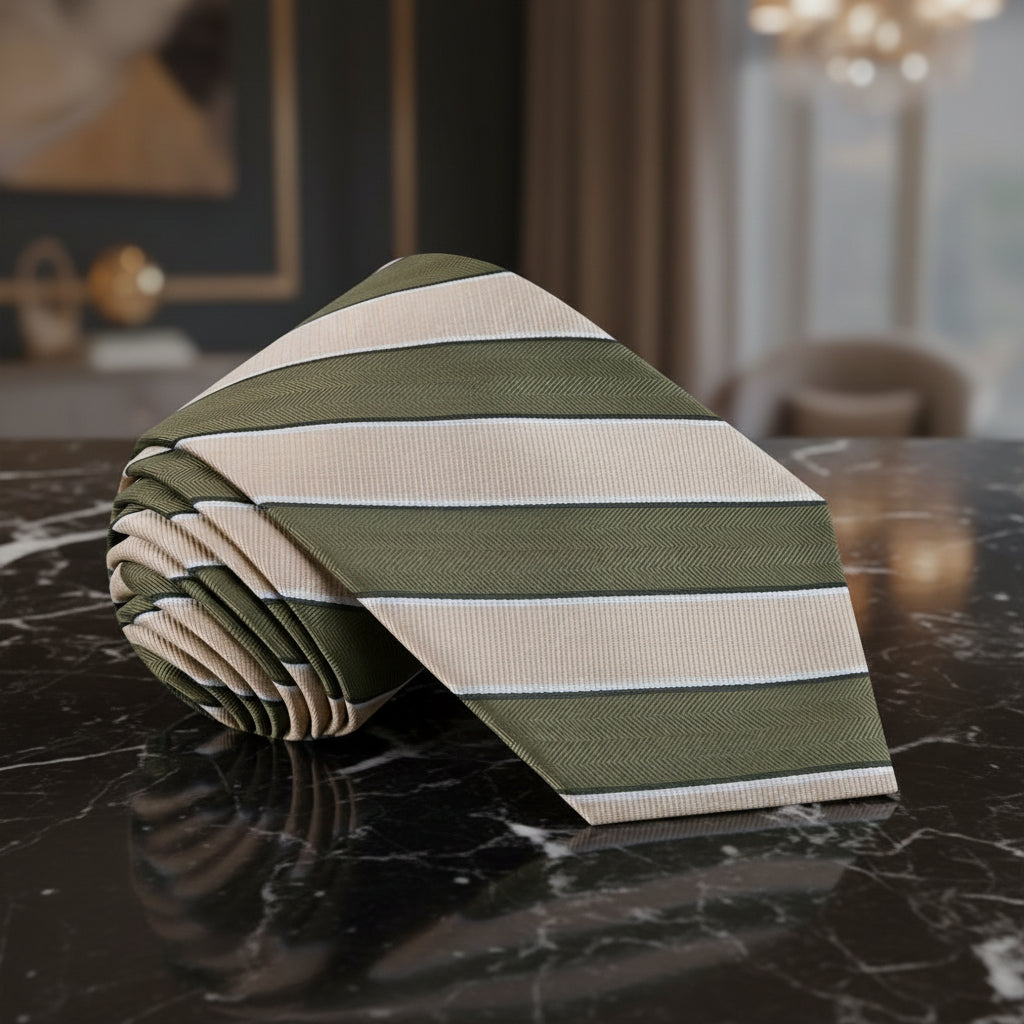 Sage Green, Light Brown Block Stripe Tie