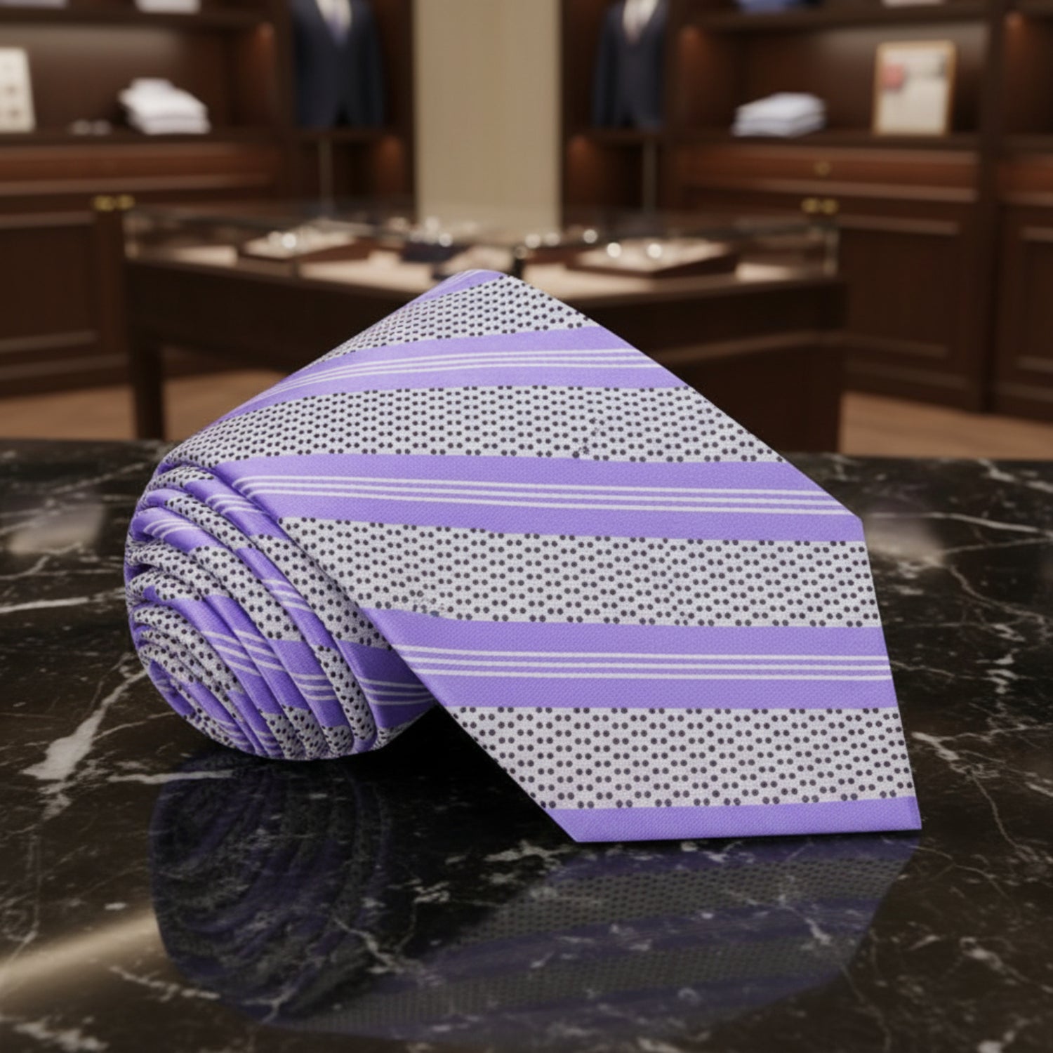 Purple, Black, Light Grey Stripes With Dot Necktie