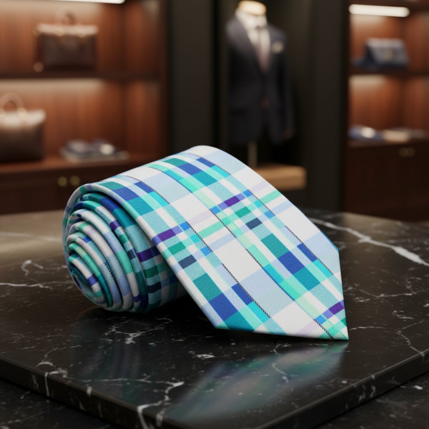 White, Light Blue, Light Green Plaid Tie  