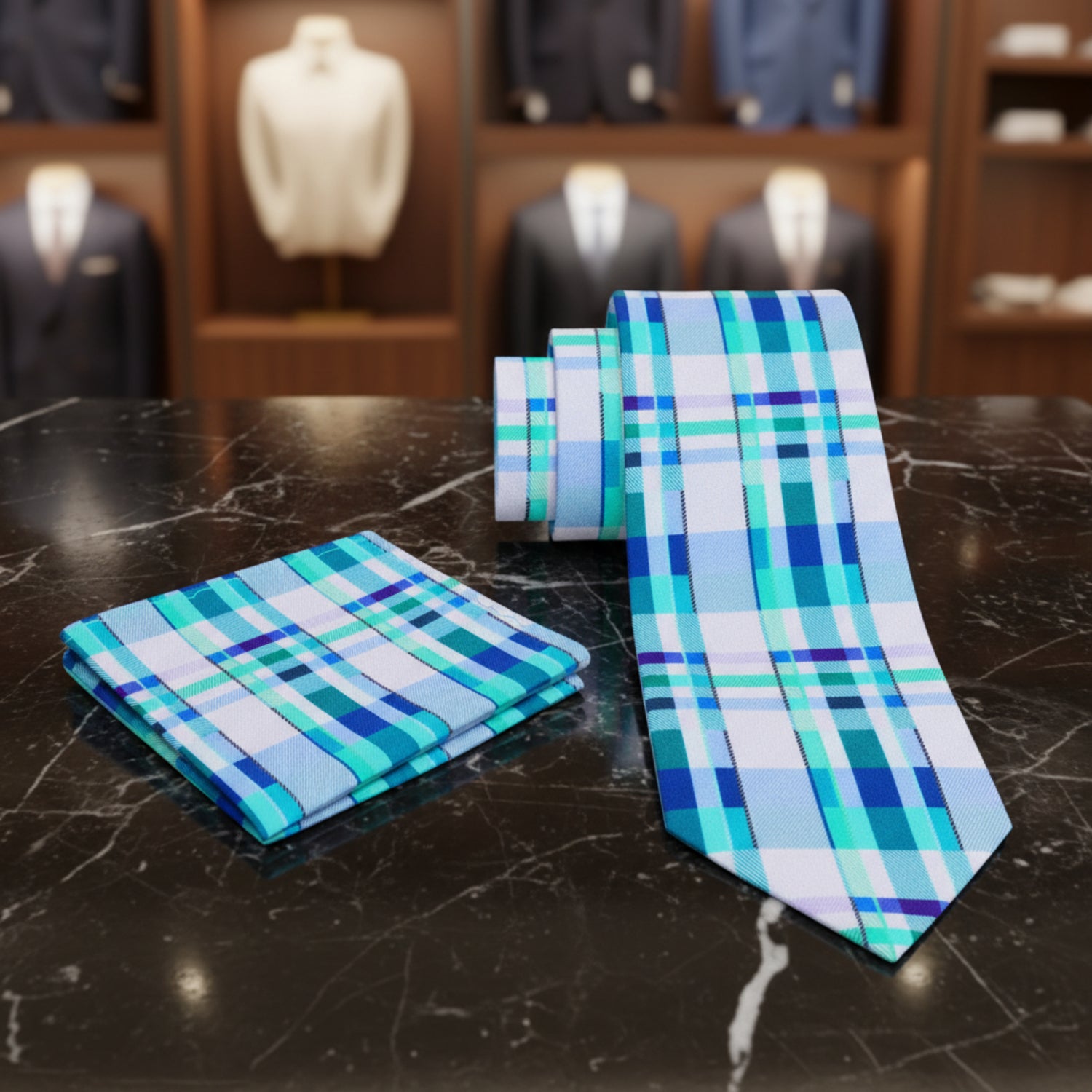 Alt View: White, Light Blue, Light Green Plaid Tie and Pocket Square