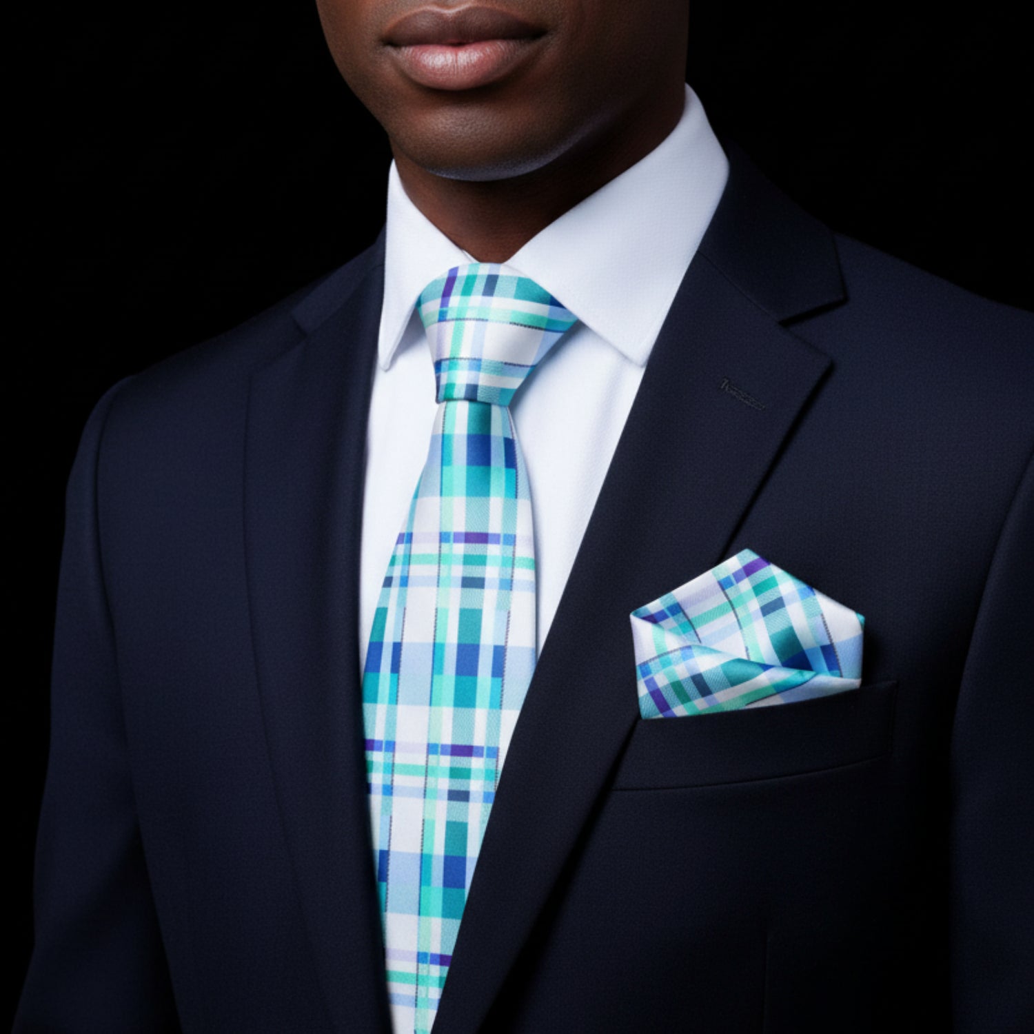 Main: White, Light Blue, Light Green Plaid Tie and Pocket Square