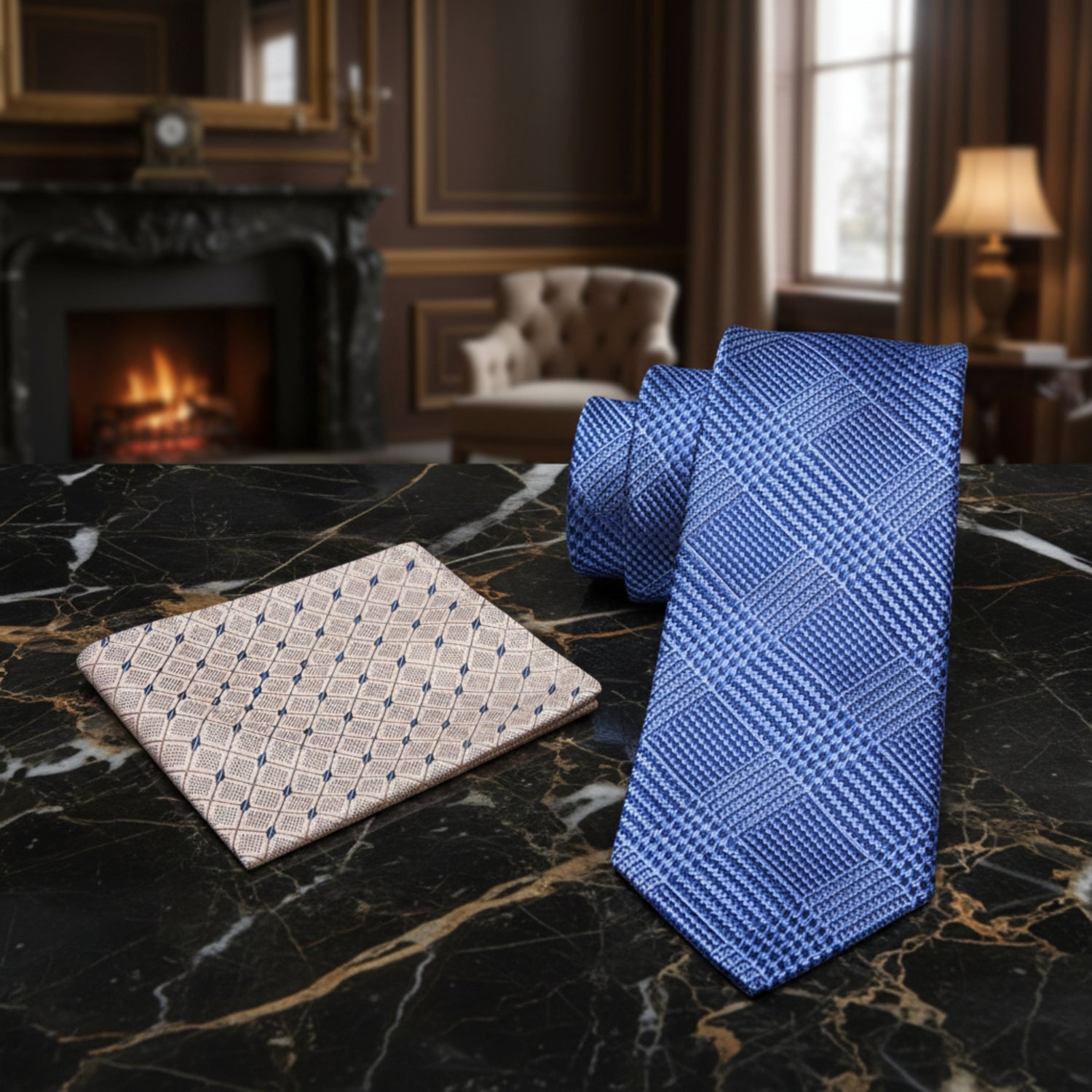 Alt View: Light Blue Plaid Tie and Cream and Blue Geometric Pocket Square