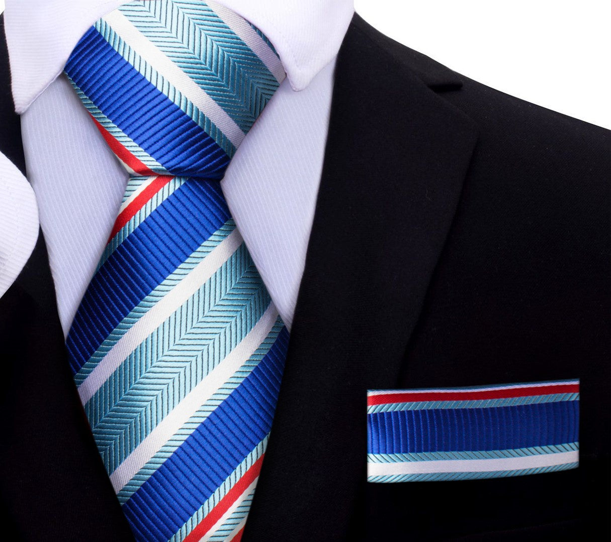 A Blue, Light Blue, Orange Stripe Pattern Necktie, Matching Pocket Square