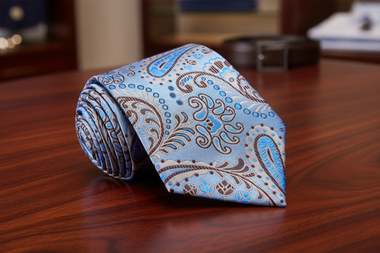 A Light Blue, Brown Paisley Pattern Necktie 