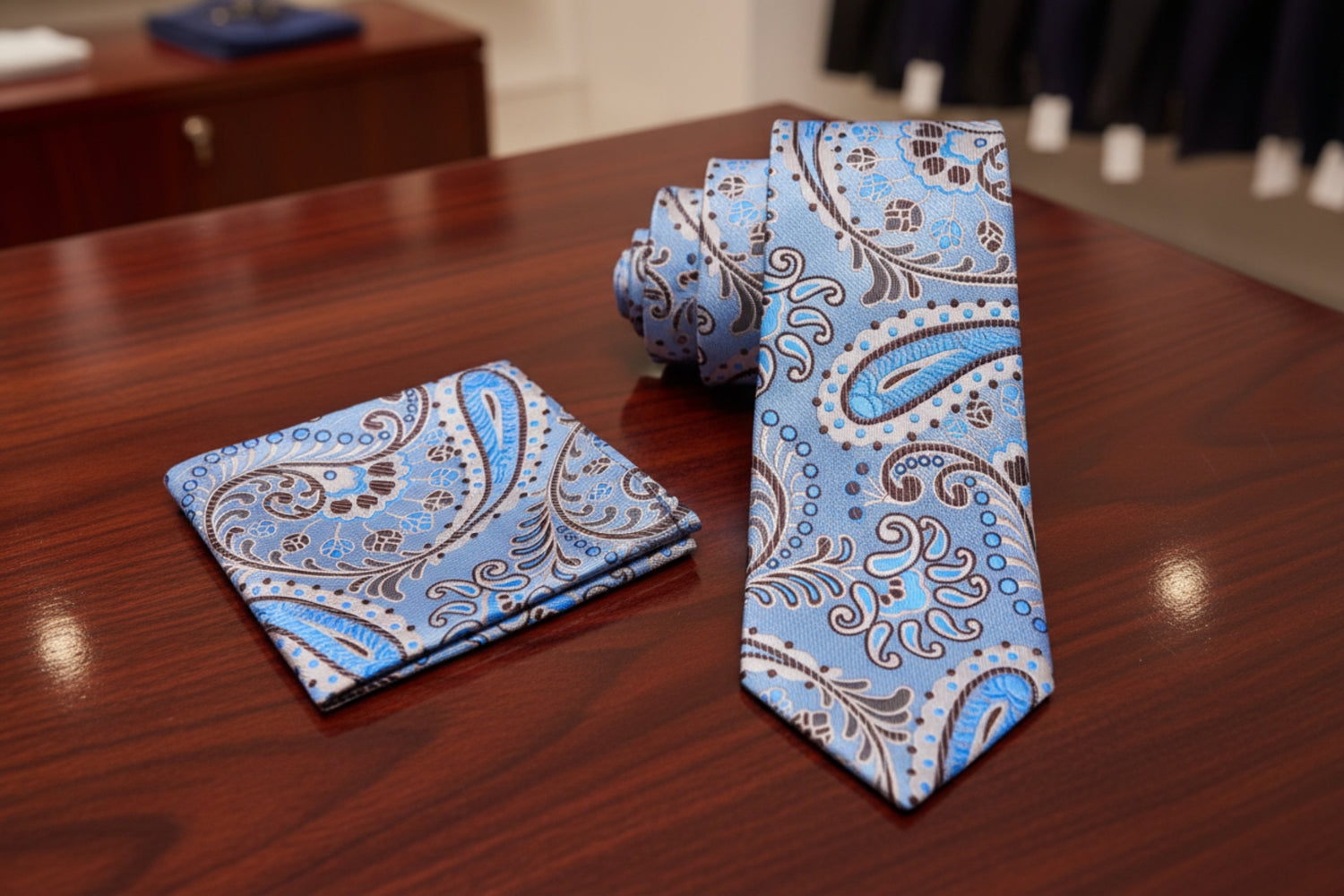 Alt View: A Light Blue, Brown Paisley Pattern Necktie, Matching Pocket Square