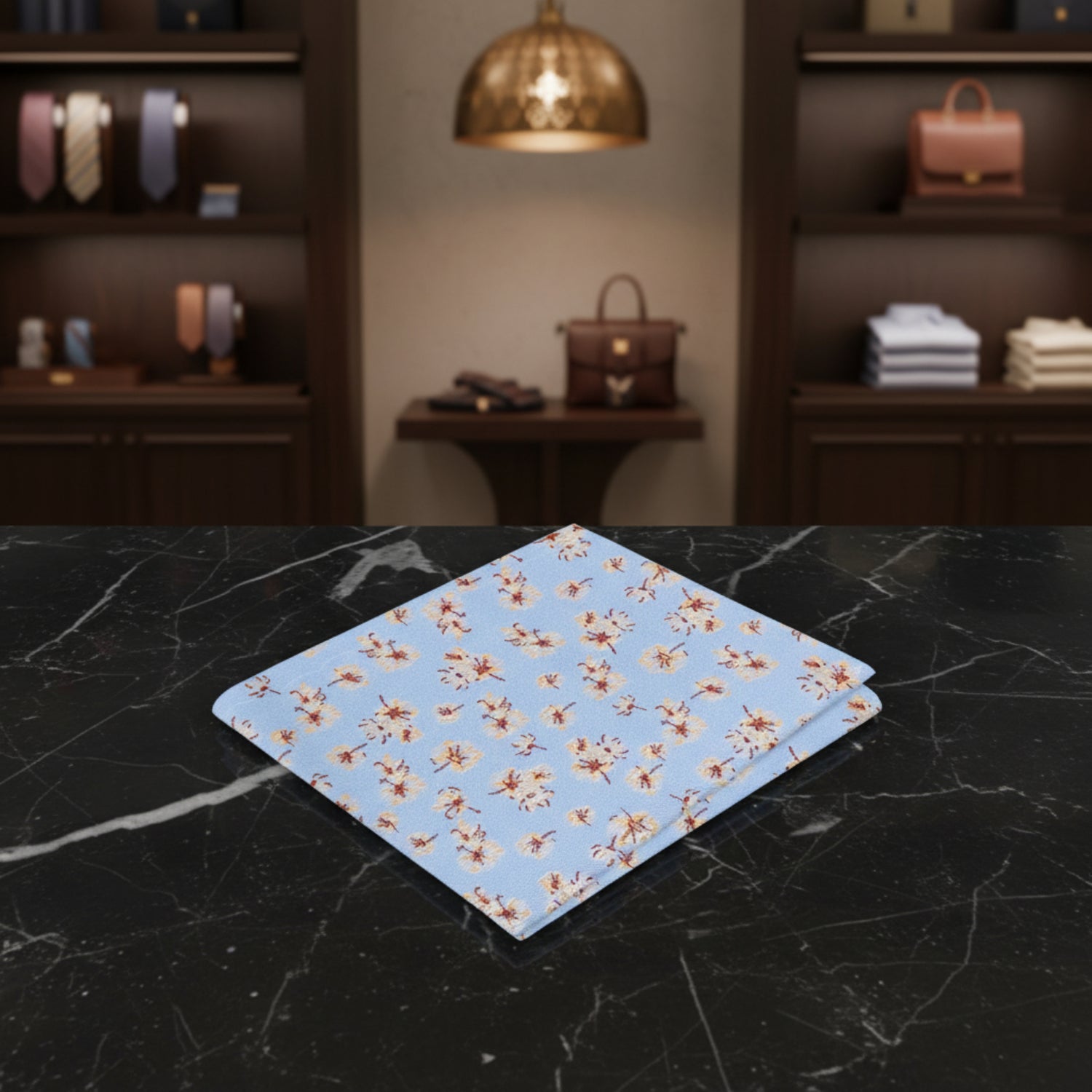 Light Blue, Cream Flowers Pocket Square