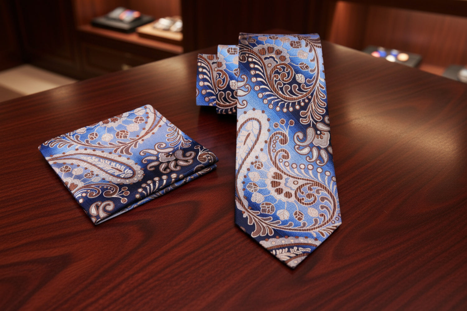 Alt View: A Light Blue, Blue, Brown Paisley Pattern Necktie, Matching Pocket Square
