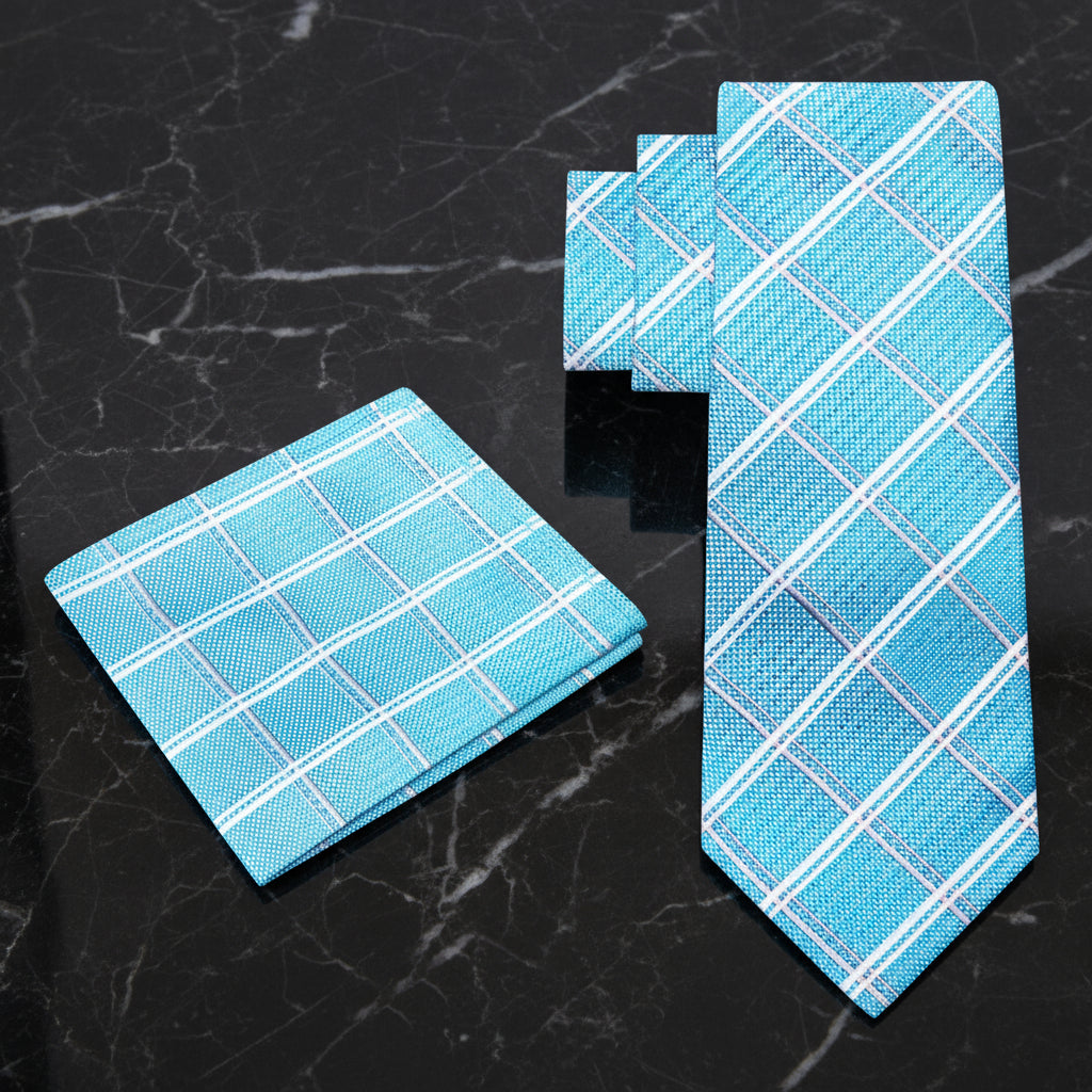 Alt Light Blue, White and Silver Plaid Necktie and Square