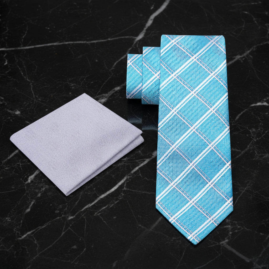 Alt Light Blue, White and Silver Plaid Necktie and Accenting Silver Square
