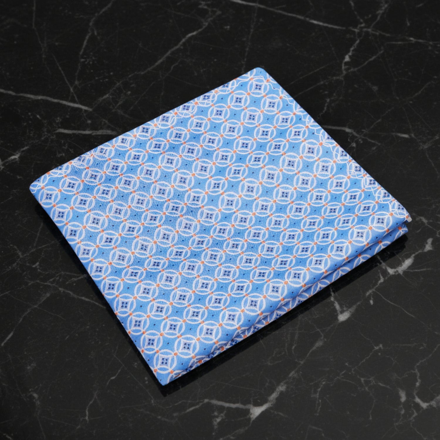 A Light Blue, Light Orange Geometric Circles Pattern Silk Pocket Square