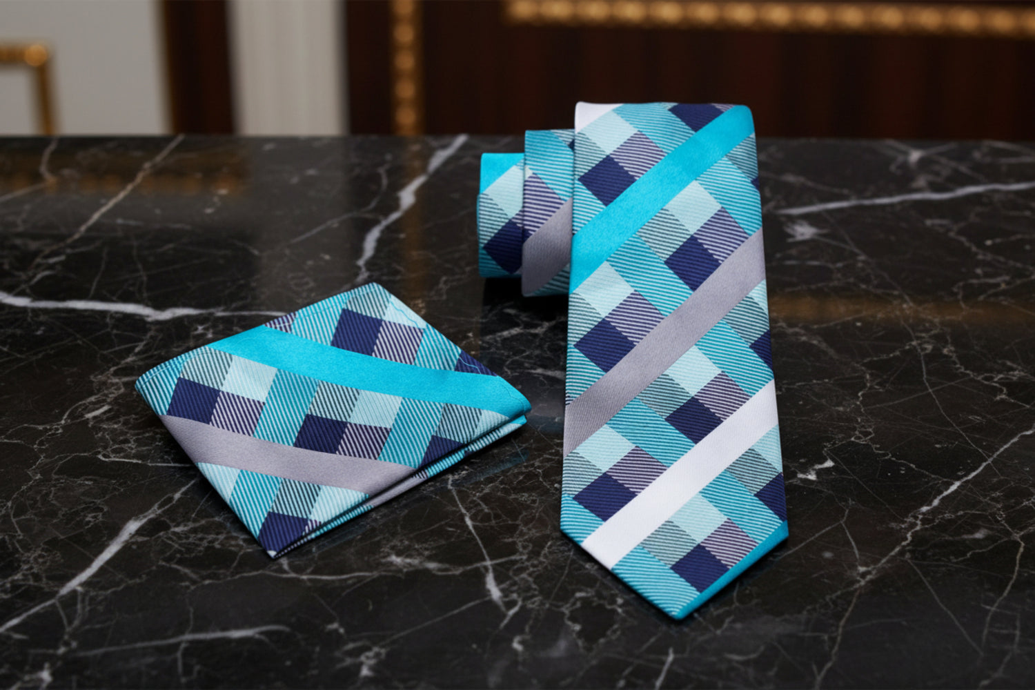 Alt View: Light Blue, Silver Check Tie and Pocket Square