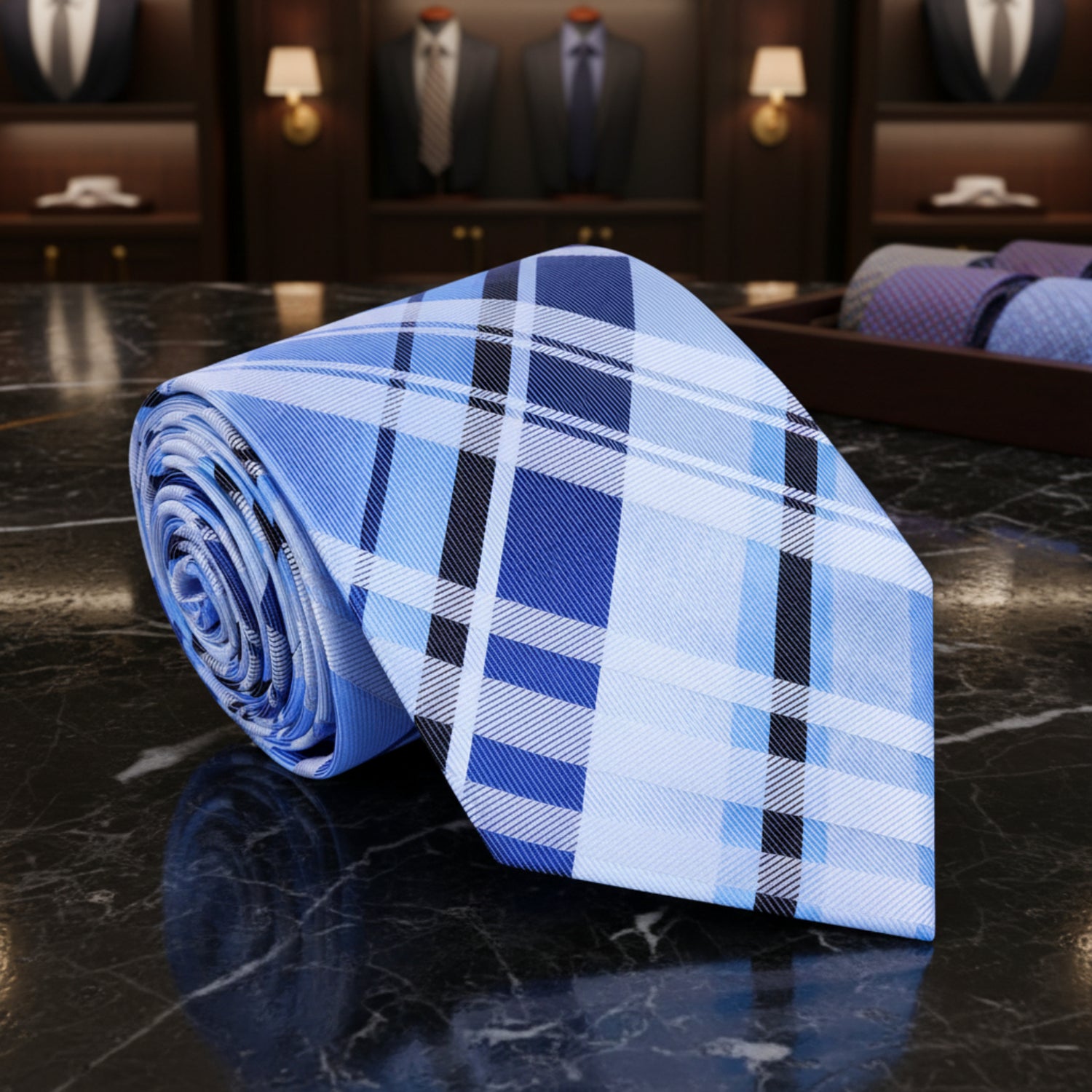 A Blue Light Blue, Ice Blue Plaid Pattern Necktie 