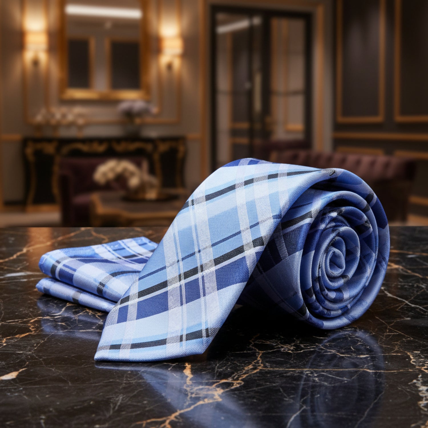 Alt View: A Blue Light Blue, Ice Blue Plaid Pattern Necktie, Pocket Square
