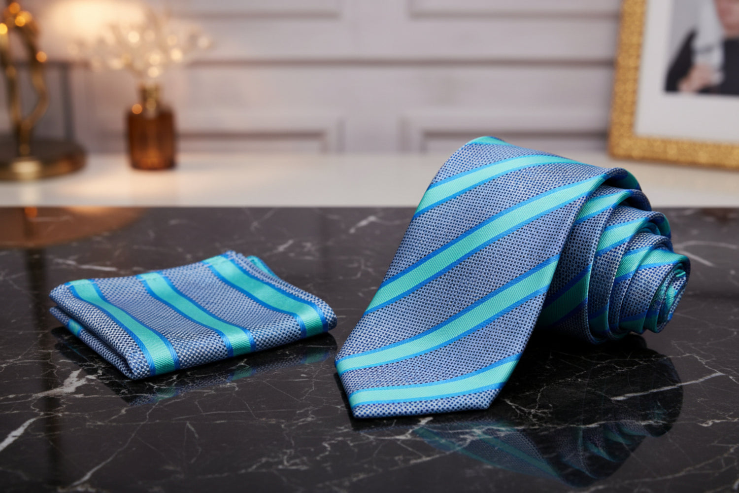 Alt View: A Bright Blue, Grey Stripe Pattern Necktie, Pocket Square