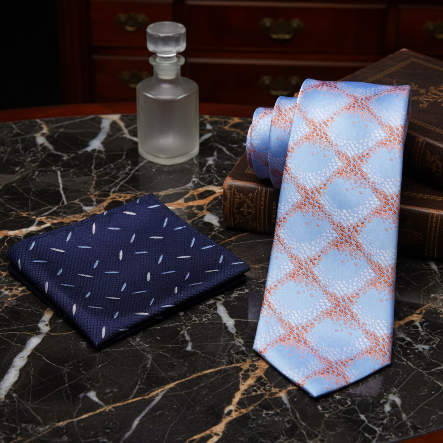 Alt View: Light Blue, Orange Geometric Tie and Accenting Blue Square