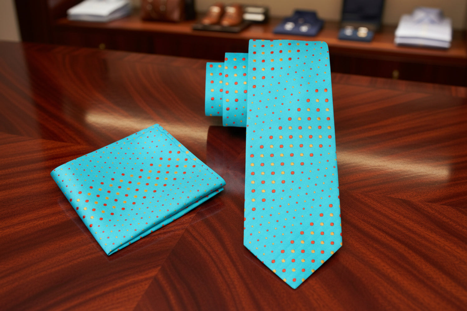 Alt View: A Light Blue, Orange, Yellow Polka Dot Pattern Necktie, Matching Pocket Square