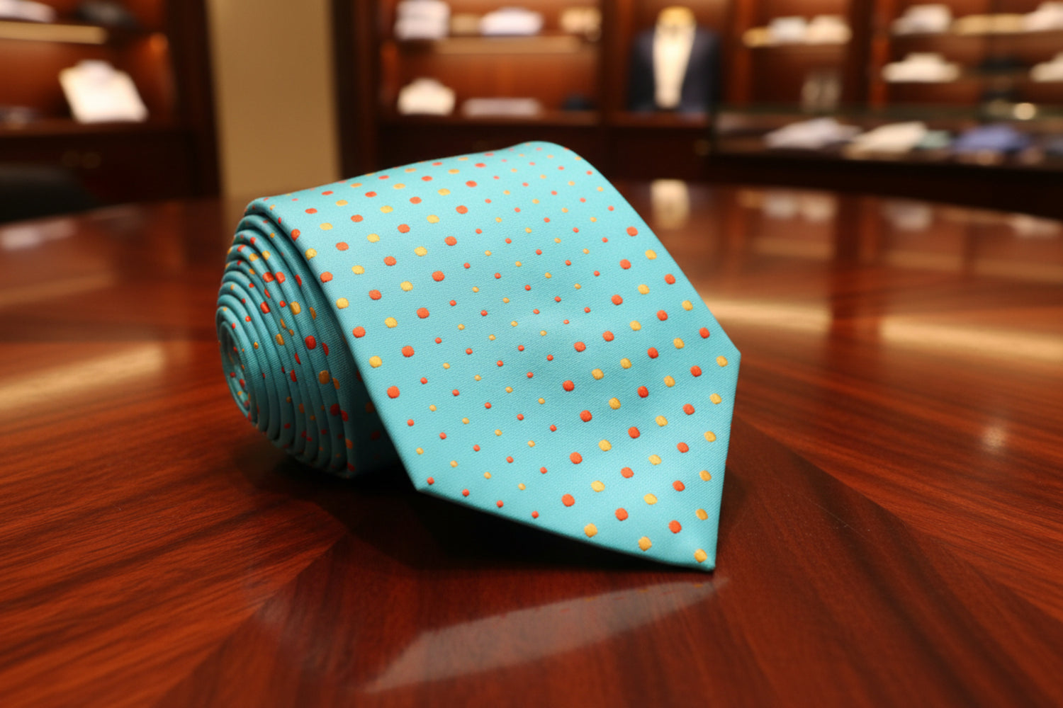 A Light Blue, Orange, Yellow Polka Dot Pattern Necktie 