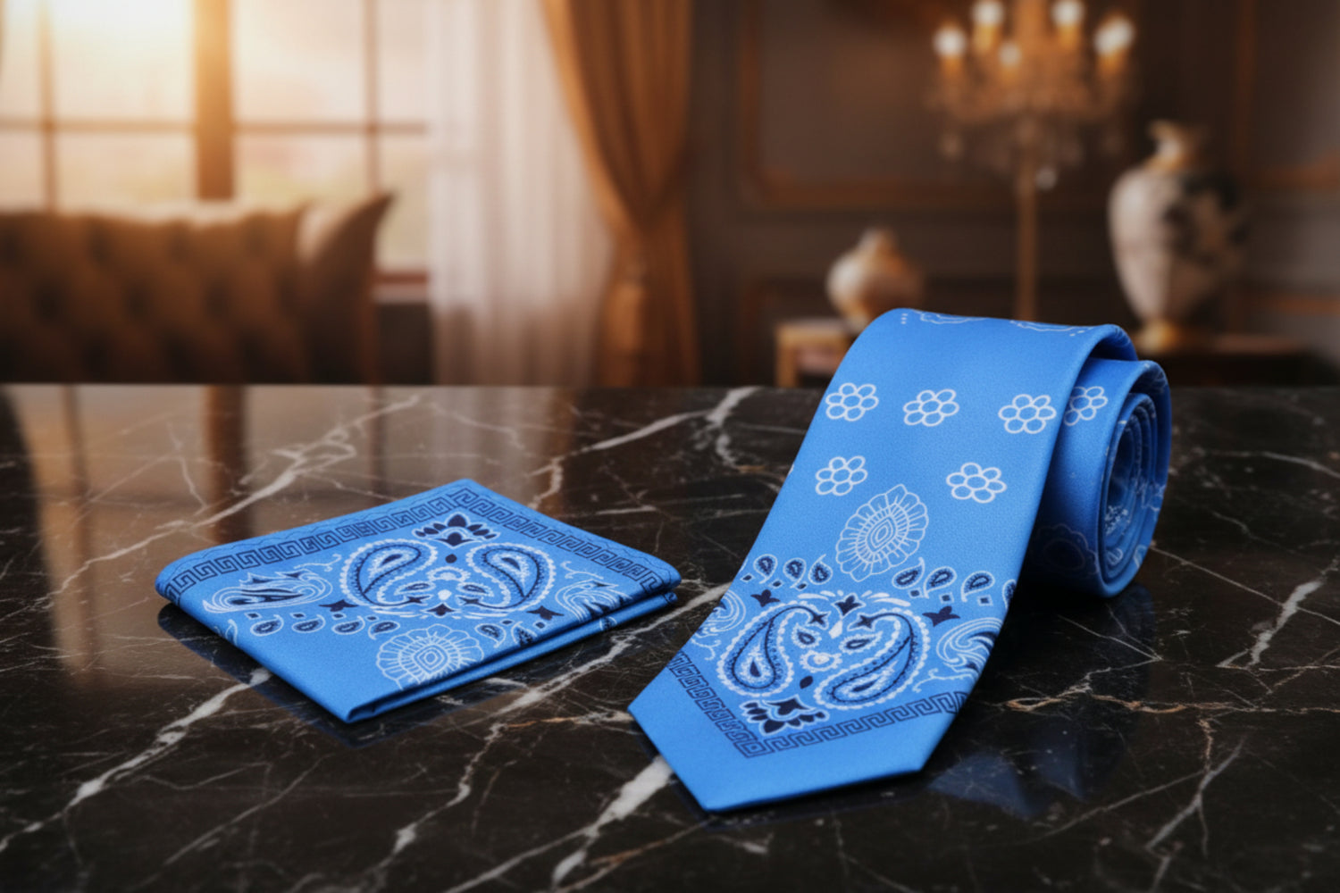 View 2: Light Blue Bandana Paisley Tie and Square