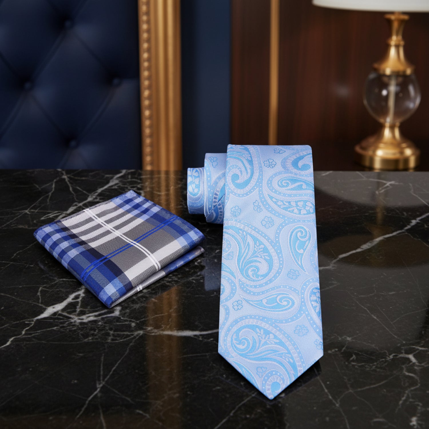 Alt View: Light Blue Paisley Necktie and Accenting Grey, Blue Plaid Square