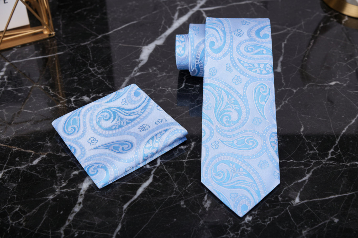 Alt View: Light Blue Paisley Necktie and Matching Square