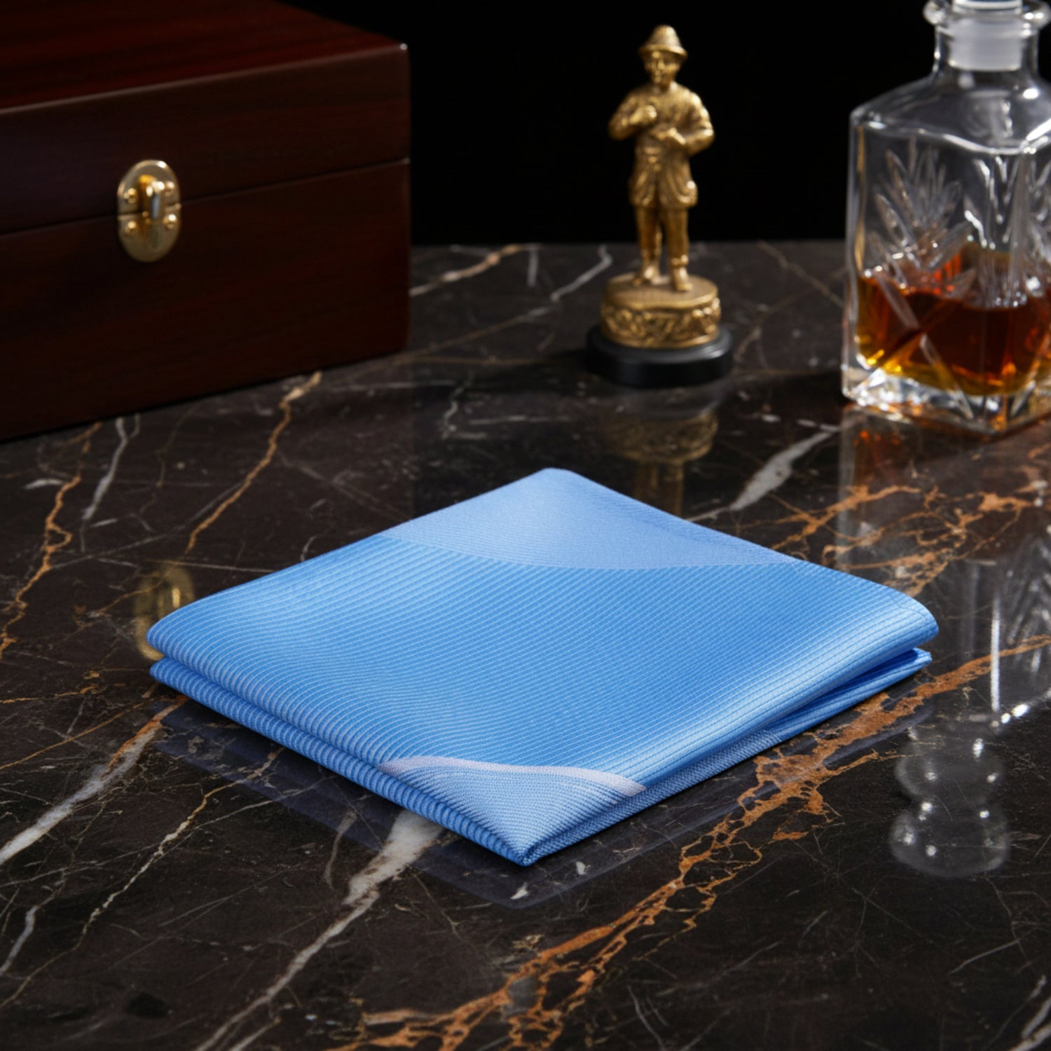 A Light Blue, White Stripe Pattern Silk Pocket Square