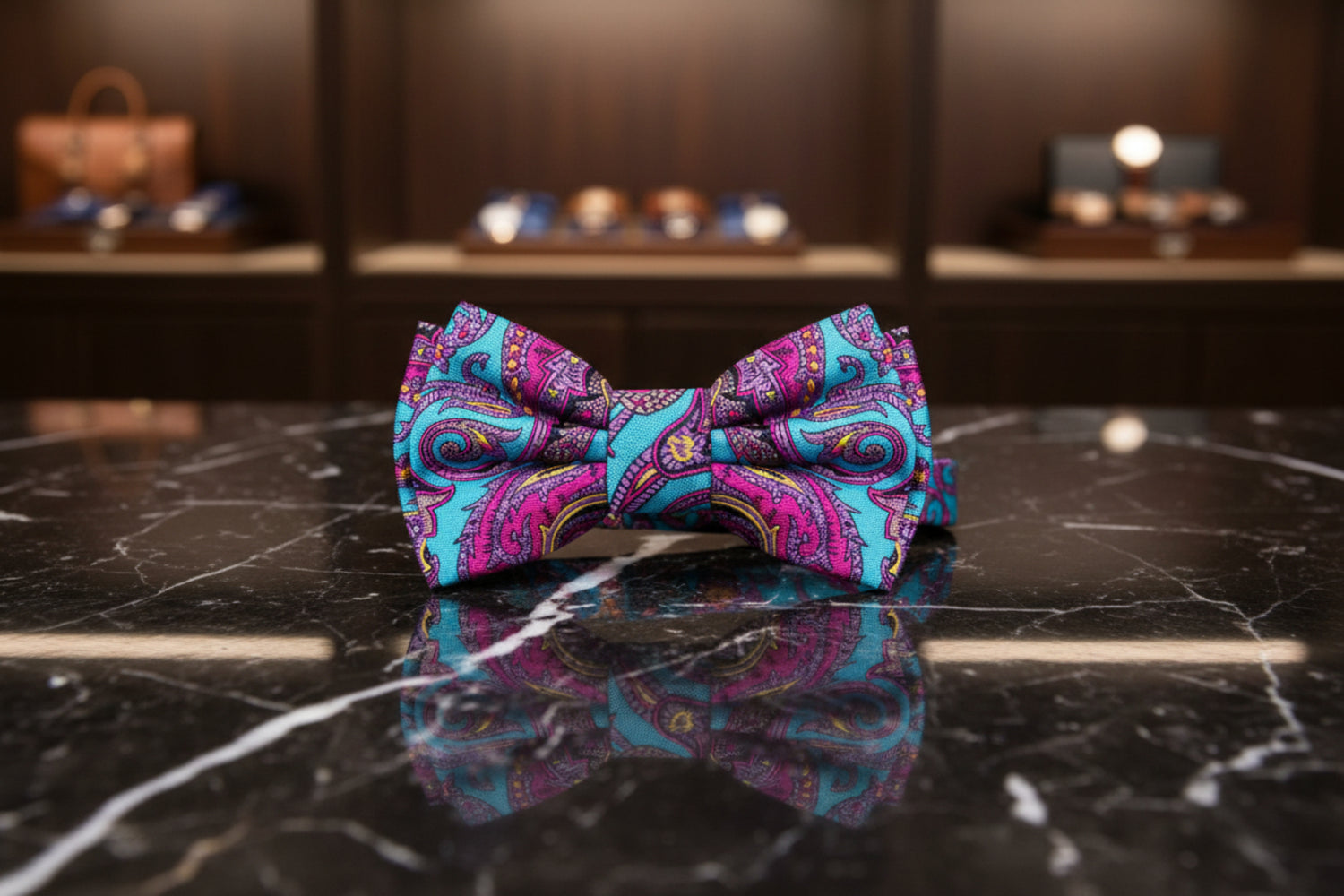 A Light Teal, Pink Yellow Color Intricate Paisley Pattern Kids Pre-Tied Bow Tie 