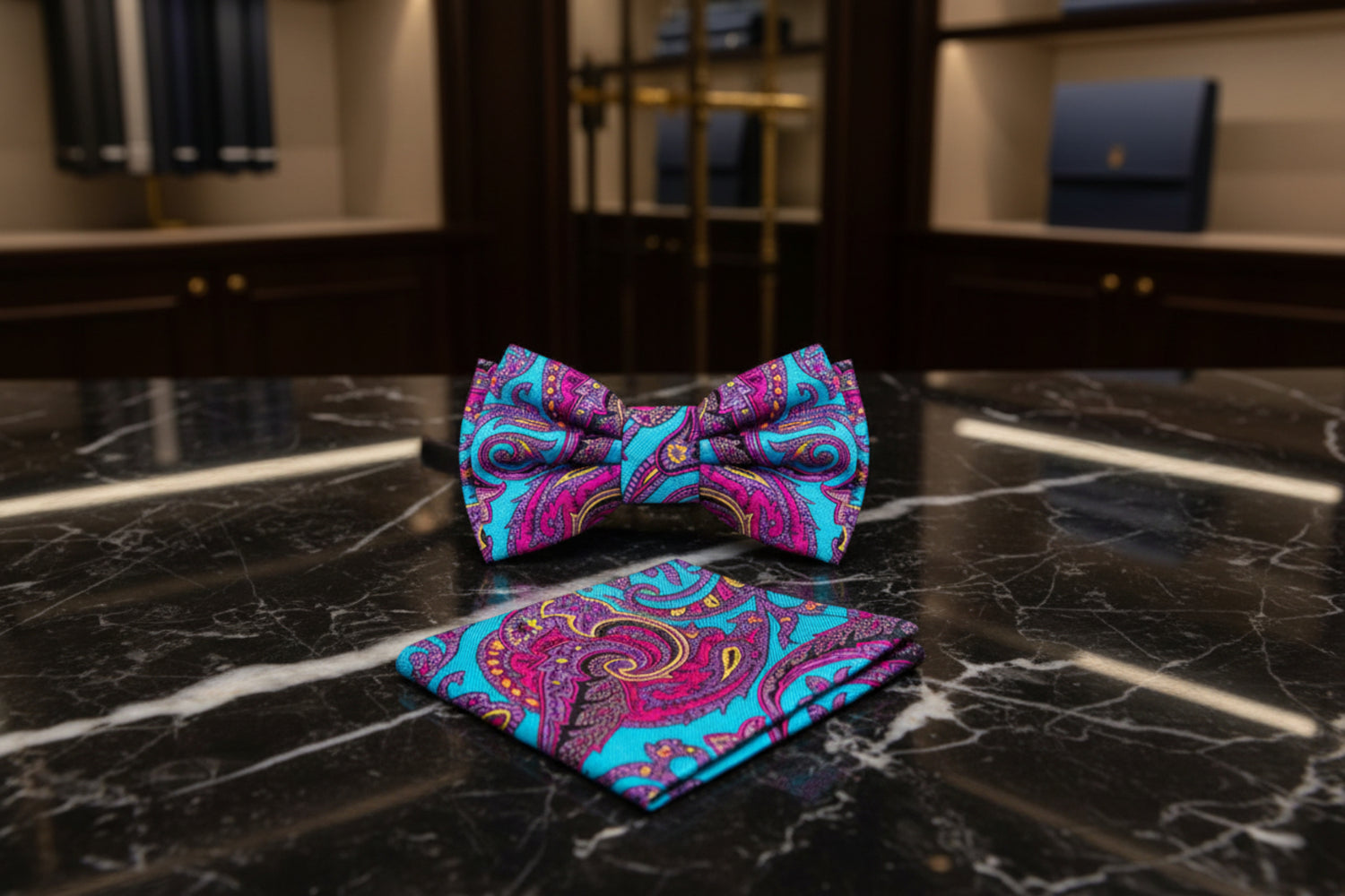 Main View: A Light Teal, Pink Yellow Color Intricate Paisley Pattern Kids Pre-Tied Bow Tie, Matching Pocket Square