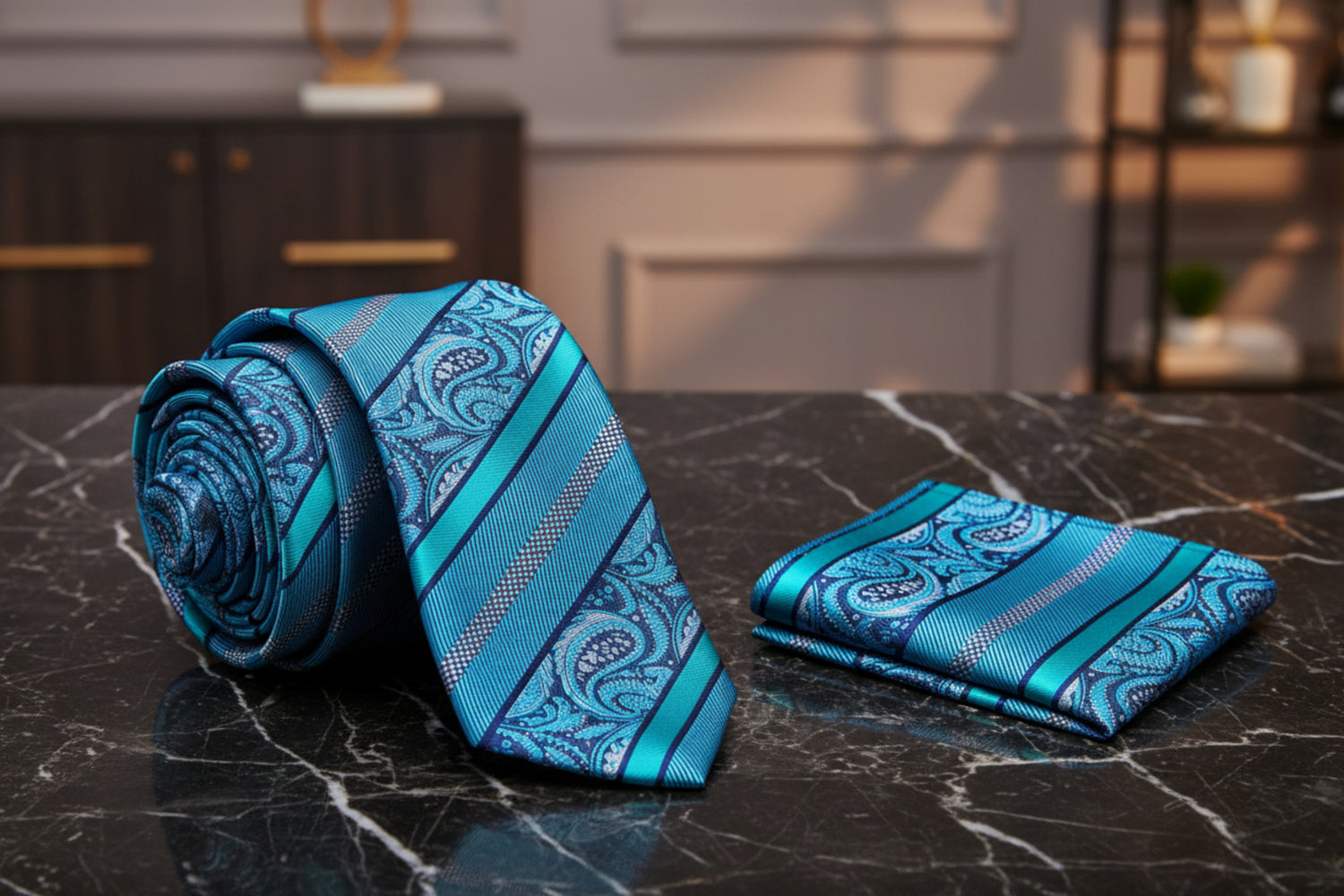 Alt View: Light Blue Paisley Tie and Pocket Square