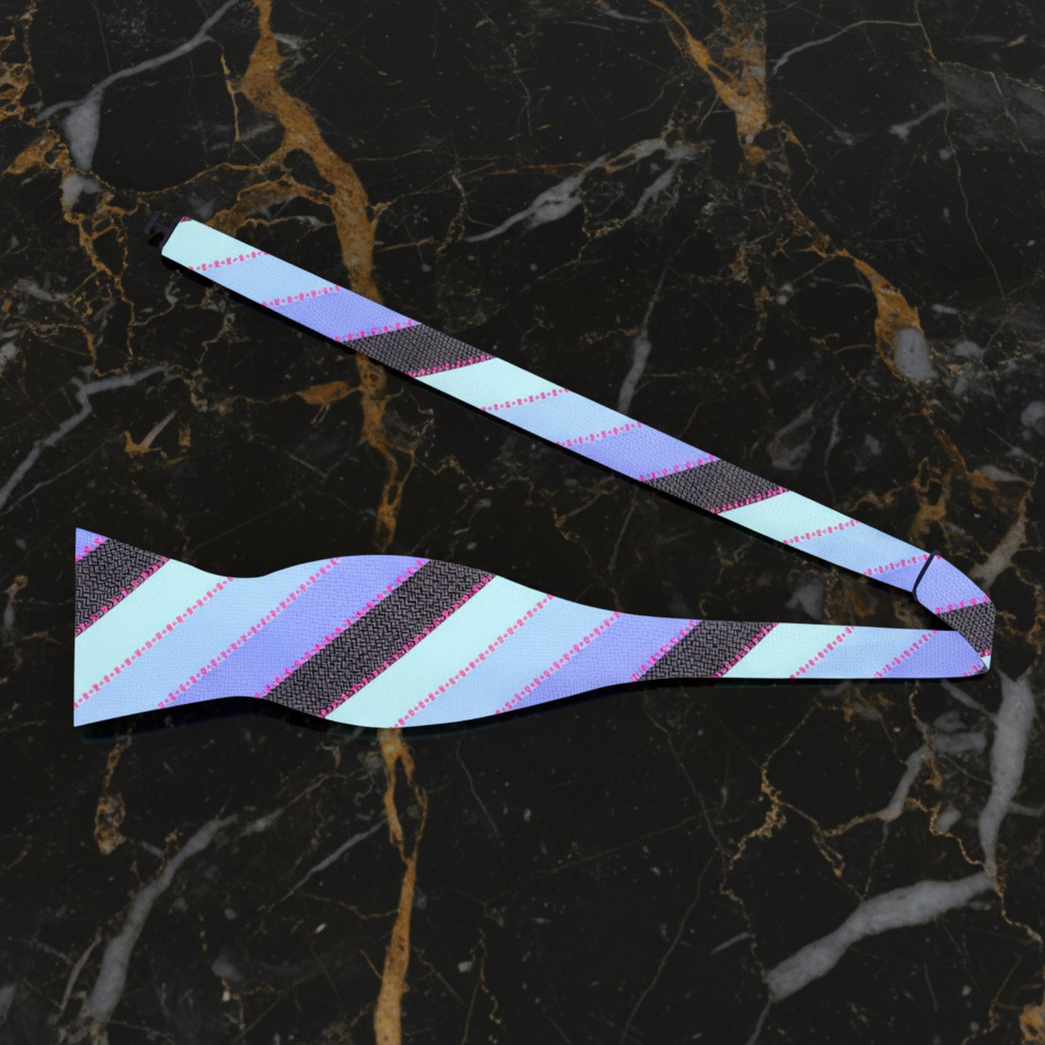 A Light Blue, Light Purple Stripe Pattern Self Tie Bow Tie Untied