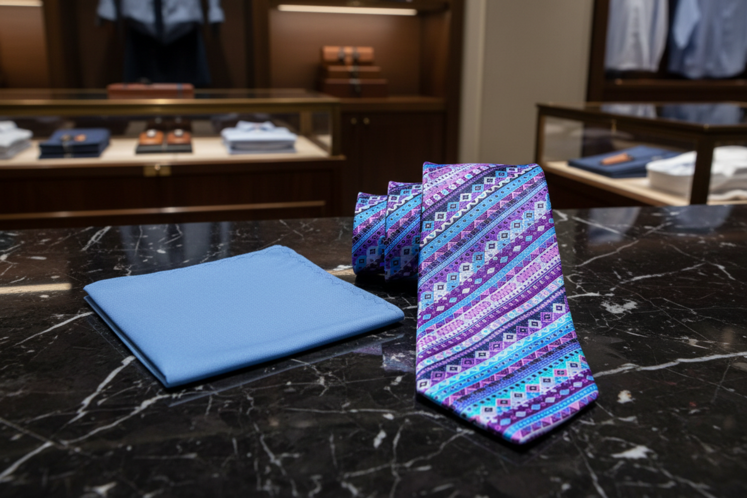 Self Tie: Purple, Blue Abstract Necktie and Blue Square